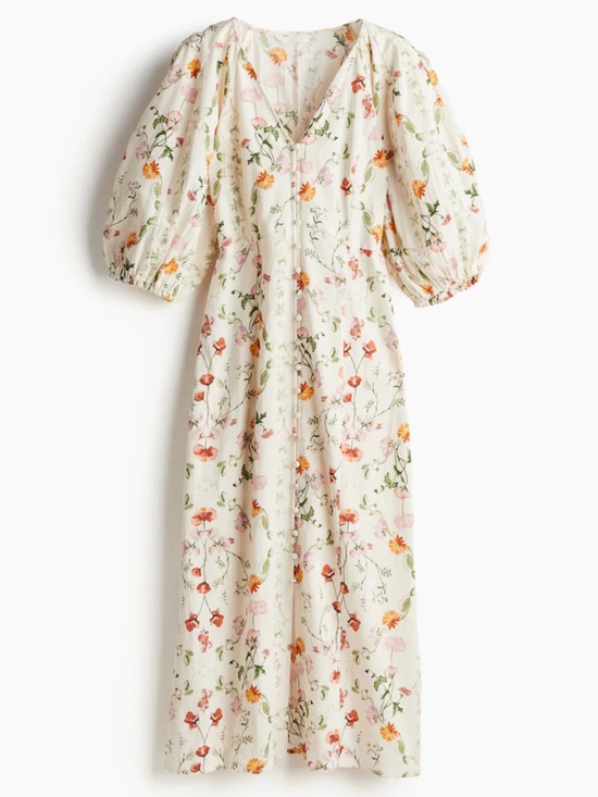 H&M Dresses & Skirts - H&M Cream Floral Midi Dress with Green & Orange Print size S